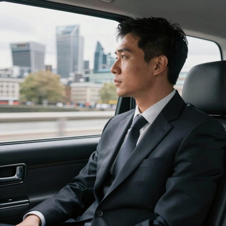 A passenger in a smart business suit looking out the window of a moving car at the blurred London skyline.