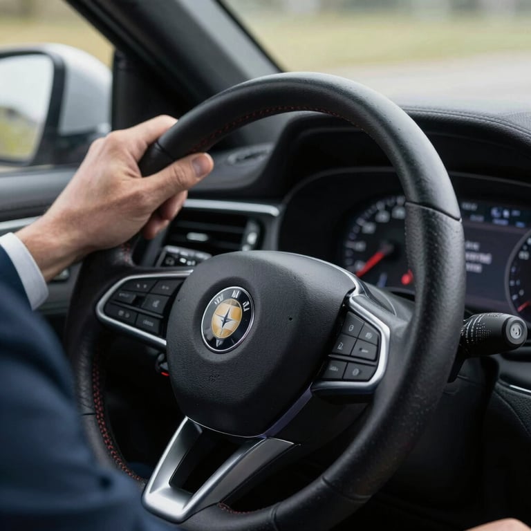 A close-up of a professional driver's hand on a steering wheel, wearing a dark navy suit sleeve, European / British setting.