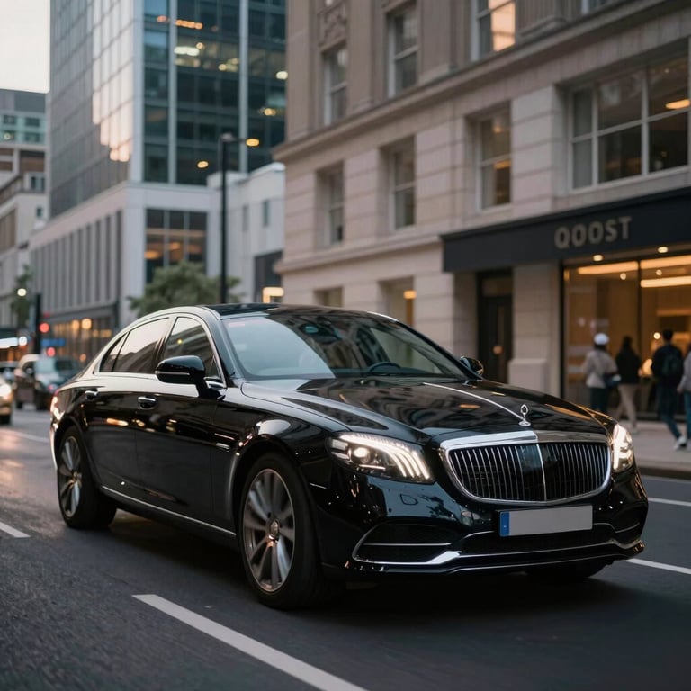 A polished black executive car driving through a professional European / British business district at dusk.