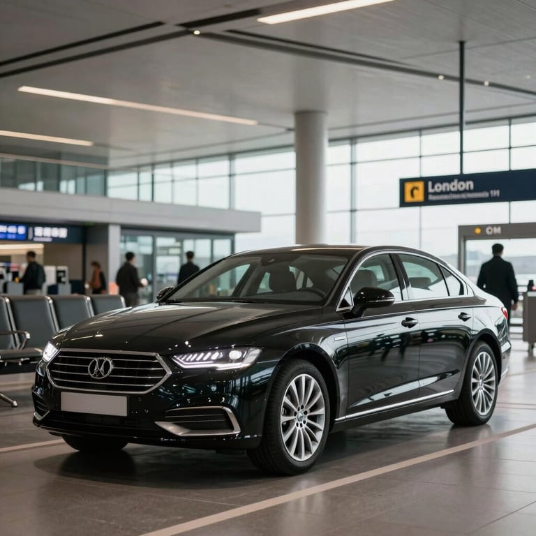 An executive sedan waiting at an airport terminal under bright, modern architectural lighting in London.
