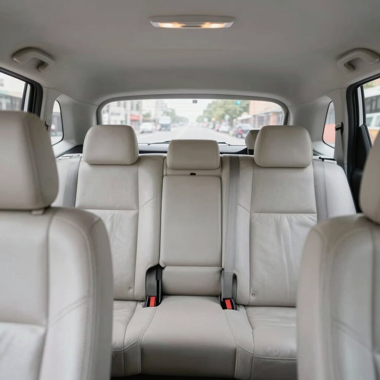 Interior view of a taxi showing clean, off-white leather seats and a spacious cabin for passenger comfort.