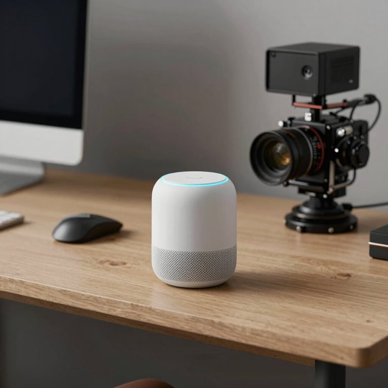 Photography of a modern North American home office desk with a smart speaker placed next to professional equipment.