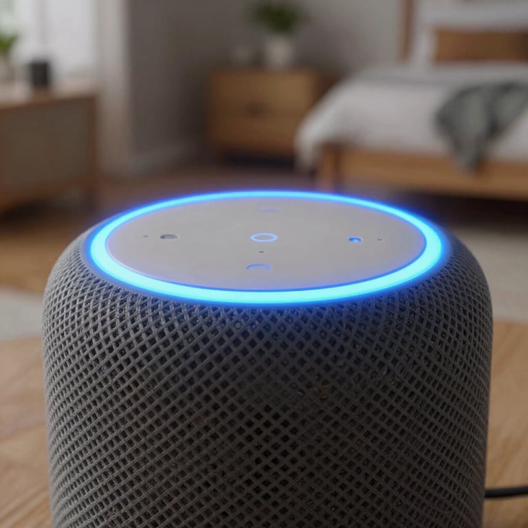 Close-up shot of the blue glowing light ring on top of a smart speaker in a cozy, well-lit US bedroom.