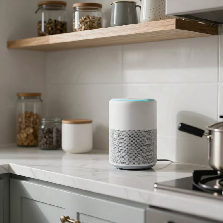 A wide shot of a bright North American kitchen featuring a smart speaker on a clean shelf among household items.