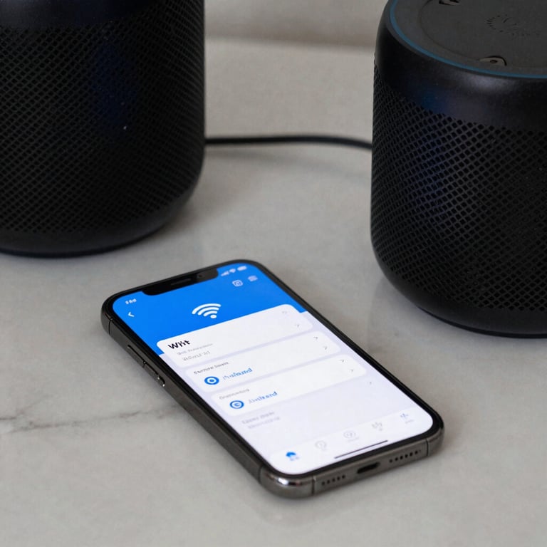 Close-up of a smartphone displaying a Wi-Fi setup app next to a smart speaker on a white marble countertop.