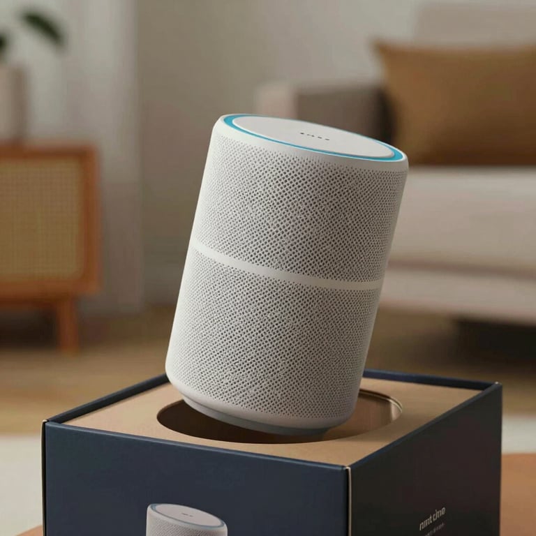 Photography of a new smart speaker being lifted out of its box in a clean North American home setting.