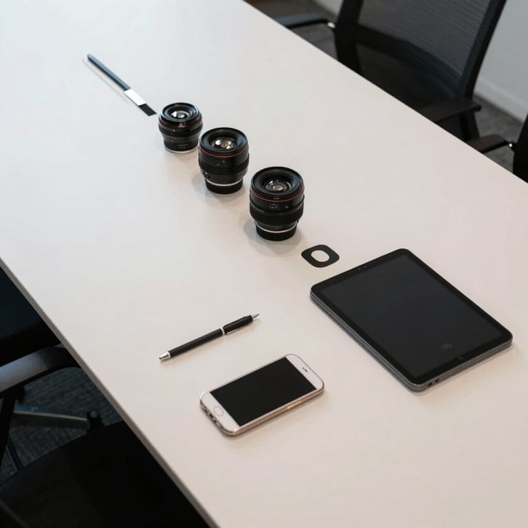An overhead view of a clean, minimalist meeting table in a North American / International office with professional stationery and high-end gadgets.