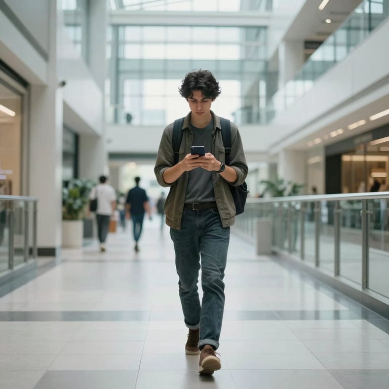 A person using a smartphone while walking through a bright, glass-walled North American / International atrium, representing mobility and engagement.