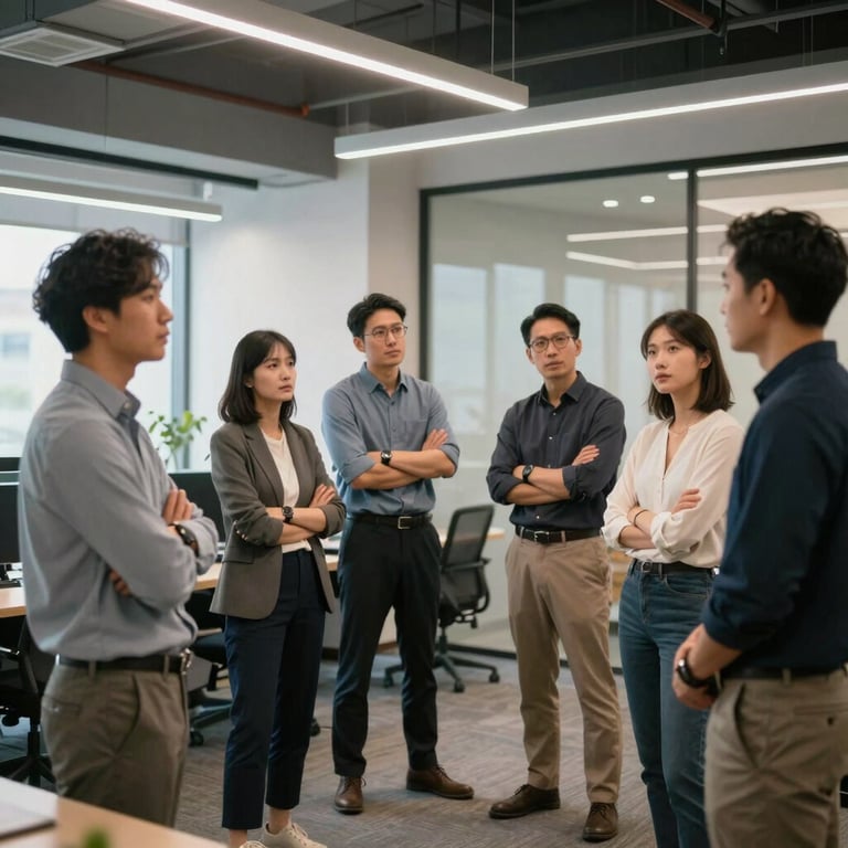 A group of colleagues having a standing meeting in a modern North American / International open-plan office, looking engaged and innovative.