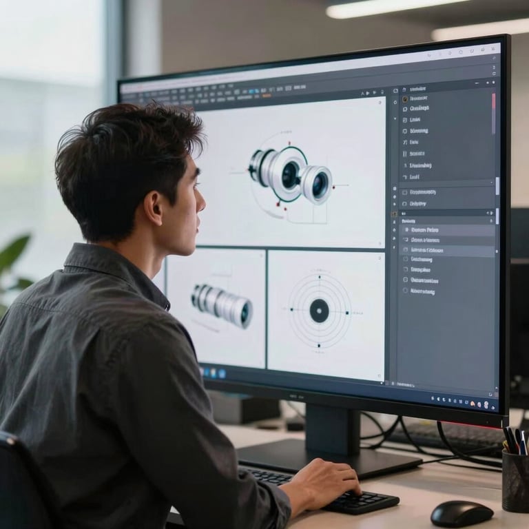 A focused professional in a North American / International tech hub reviewing digital designs on a large screen, natural daylight streaming in.