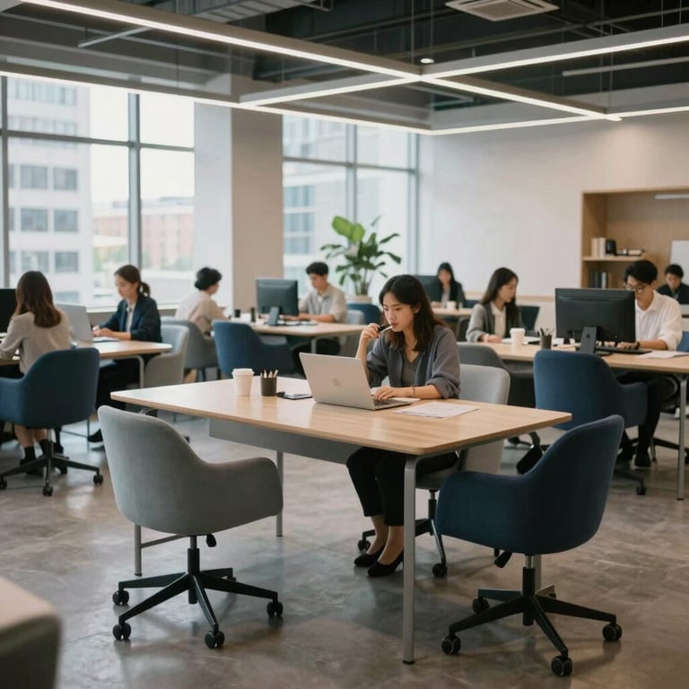 A wide shot of a collaborative workspace in a North American / International city, featuring modern furniture in Soft Mist and Deep Charcoal Blue.