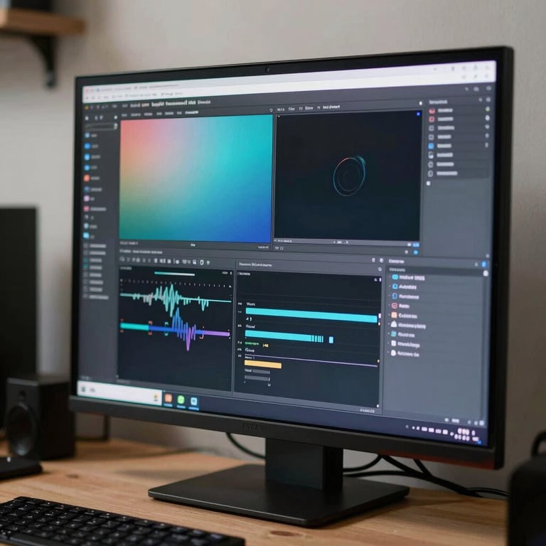 Close-up of a high-resolution screen on a desk in a North American / International creative studio, showing a professional and clean workspace.