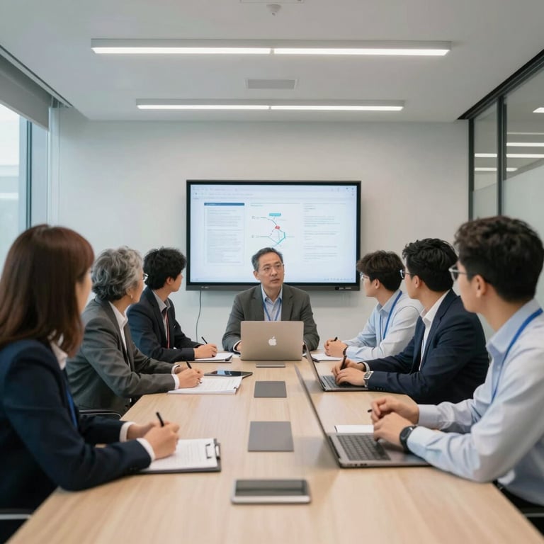 A brightly lit, modern conference room in a US technology park where researchers meet to discuss innovative genomic data.