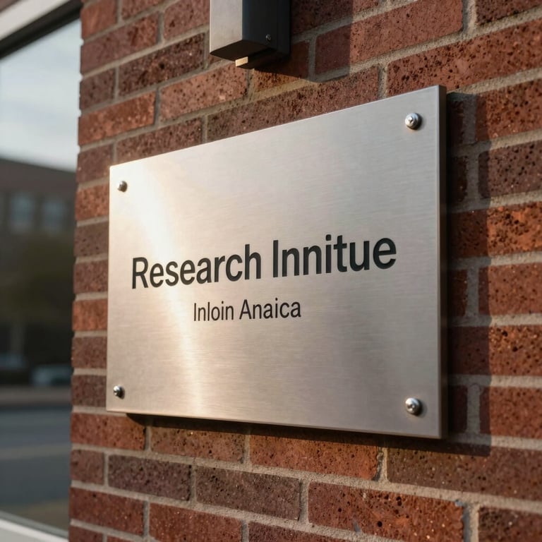 A photograph of a sleek, brushed metal plaque on a modern brick wall of a research institute in North America, under soft afternoon sunlight.