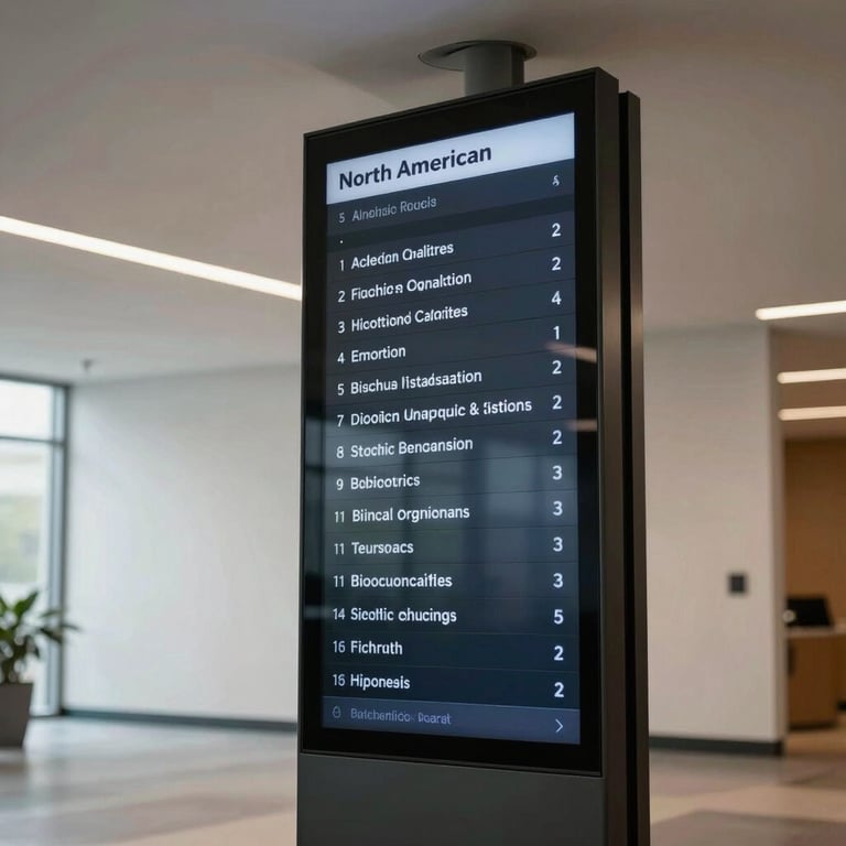 A minimalist North American office lobby with high ceilings and a digital directory listing various biotech organizations.