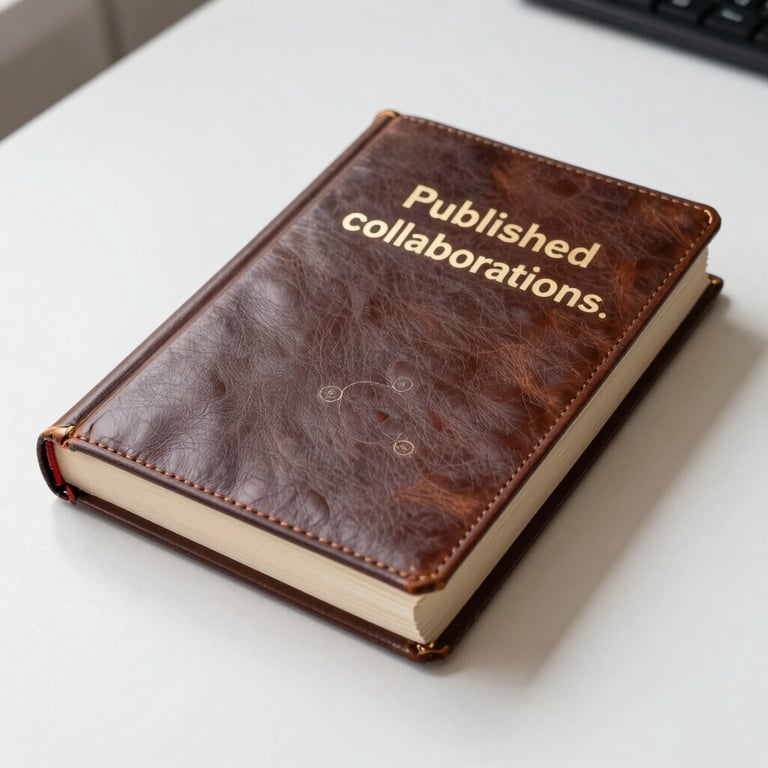 A crisp, high-quality photo of a leather-bound scientific journal sitting on a clean white desk, representing published collaborations.
