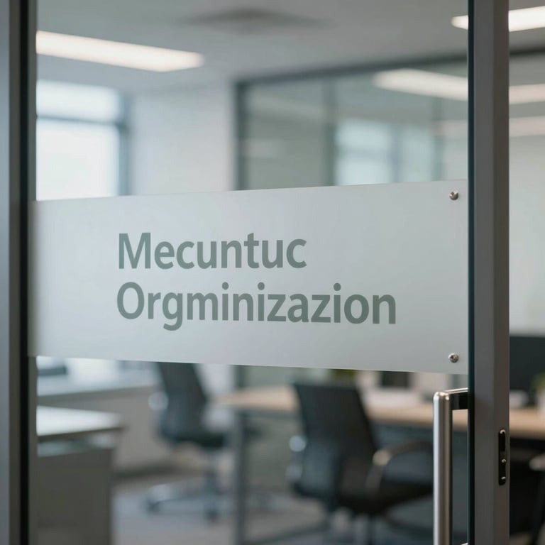 A close-up of a professional glass door in a modern office with etched lettering of a scientific organization.