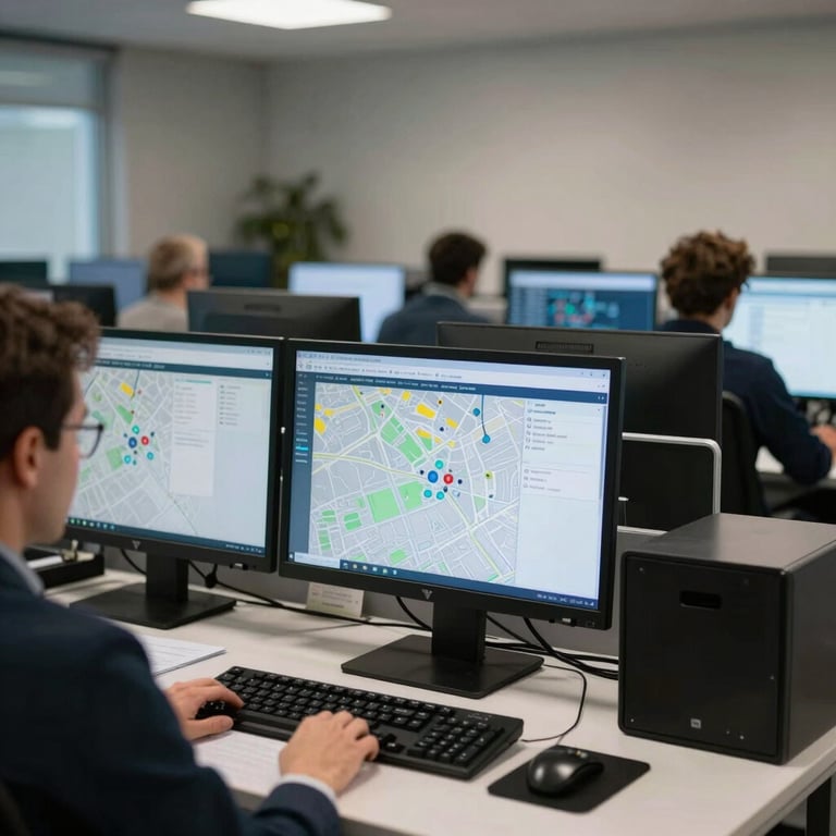 A professional-looking office dispatch center in a British / UK setting with modern computer screens showing maps.