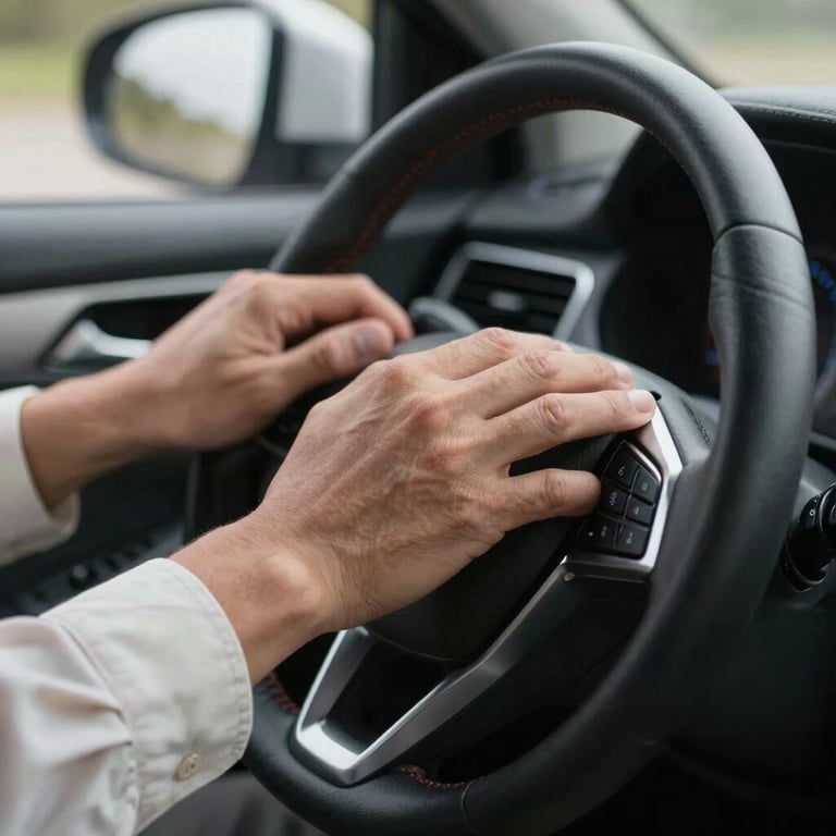 A close-up of a professional driver's hands on a clean steering wheel, wearing a soft off-white shirt sleeve.
