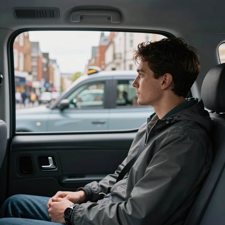 A passenger comfortably seated in the back of a modern taxi, looking out the window at a British / UK high street.