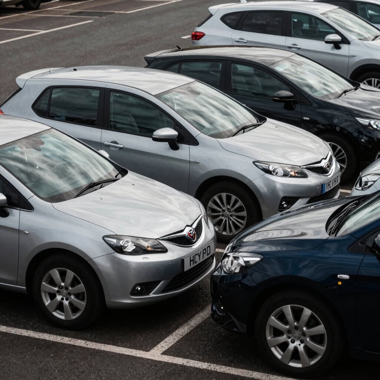 A group of well-maintained silver and dark navy vehicles parked in a neat row in a British / UK parking area.