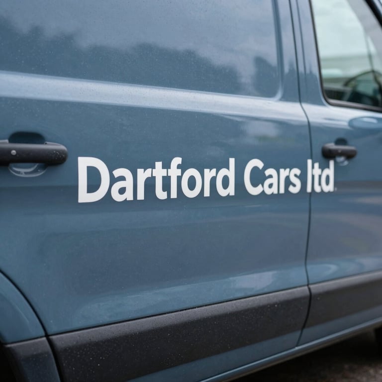 A detailed shot of the Dartford Cars Ltd branding on the side of a polished slate blue vehicle.