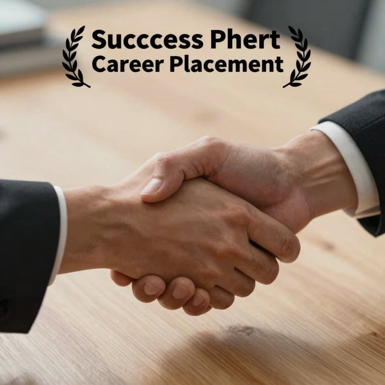 A pair of hands in a firm handshake over a light wood table, symbolizing a successful career placement.