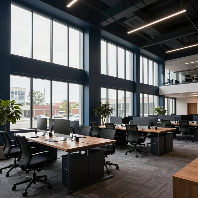 A wide shot of a contemporary American tech office interior with large windows and Dark Navy design elements.