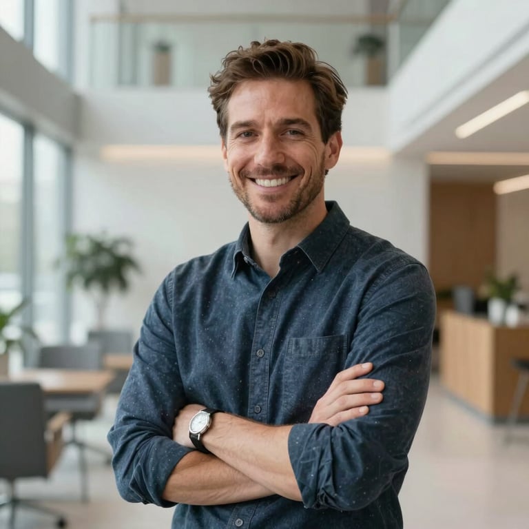 A bright, professional portrait of a man smiling confidently in a modern, Pale Mist office lobby.