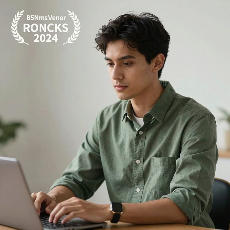 A focused tech candidate wearing a Sage Green shirt during an interview preparation session in a clean studio.