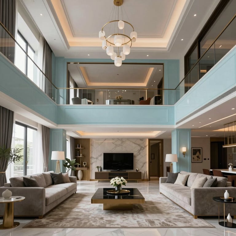Interior of a luxury penthouse in Gurugram with contemporary South Asian / Indian decor, featuring Pale Blue accents and high ceilings.