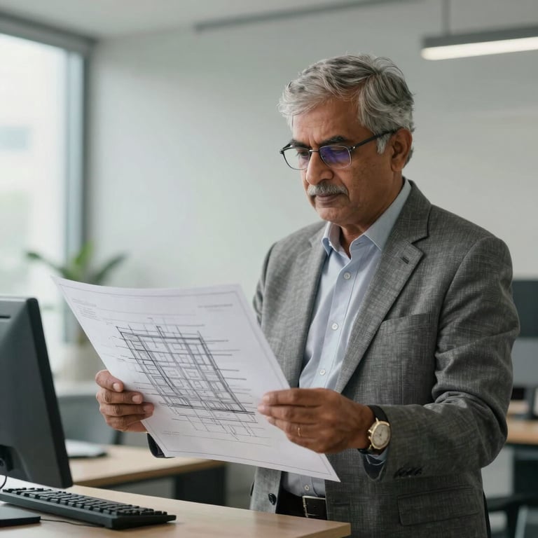 A professional South Asian / Indian senior consultant reviewing architectural blueprints for a commercial development in a minimalist office.