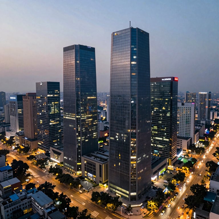 A stunning aerial view of Gurugram's Cyber City at dusk, featuring modern glass skyscrapers and flowing traffic lights in a South Asian / Indian setting.