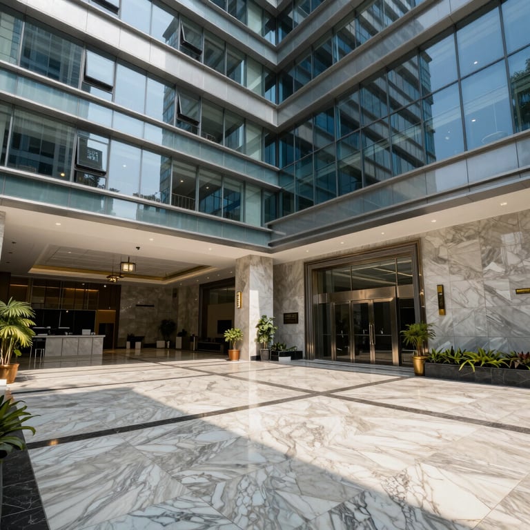 Sun-drenched lobby of a premium corporate office building in Gurugram with marble floors and Steel Blue design elements.