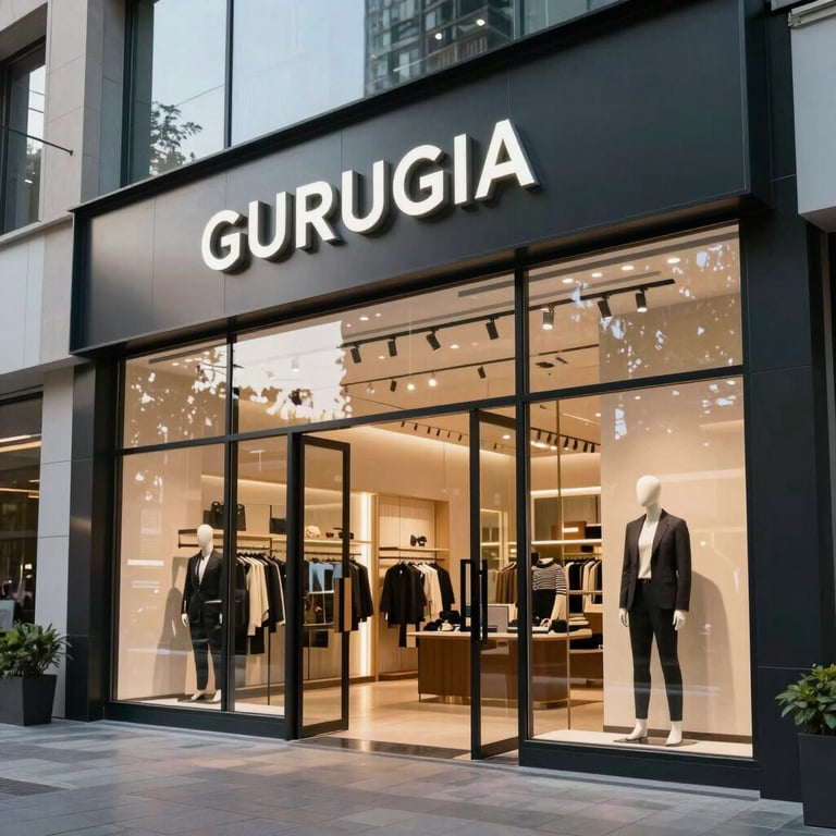 A high-end retail storefront in a modern Gurugram commercial complex, shot during the day with sharp glass reflections.