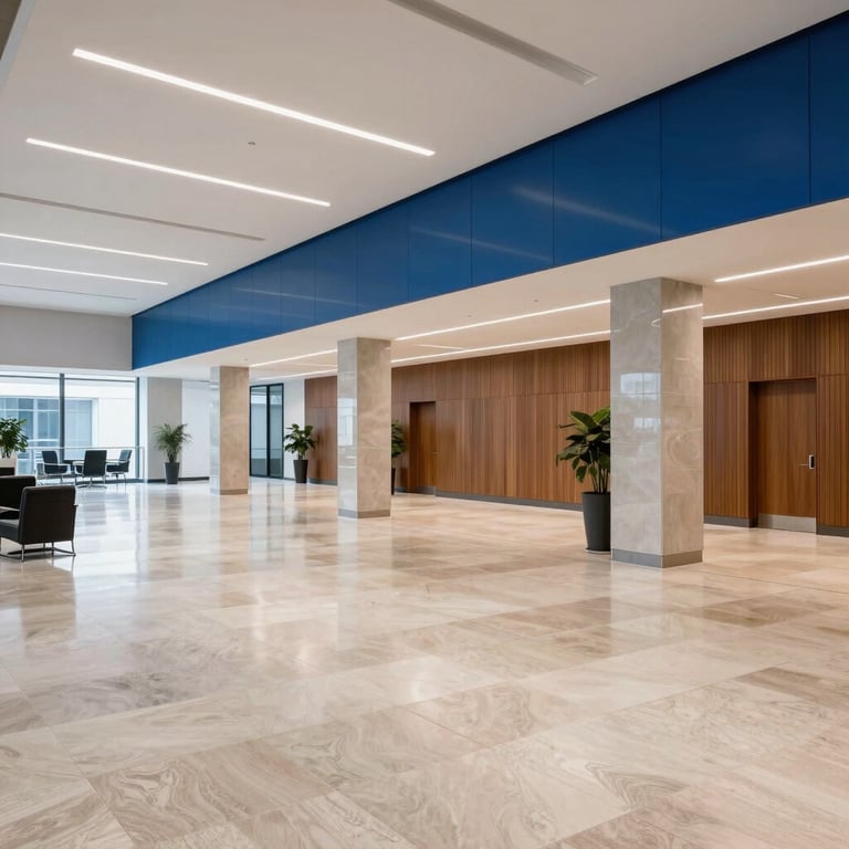 A wide shot of a pristine, modern British office lobby with polished stone floors and medium blue decorative accents.