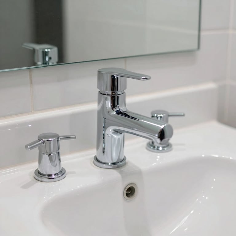 A sparkling clean bathroom with gleaming chrome fixtures and white tiles, representing a high standard of hygiene.