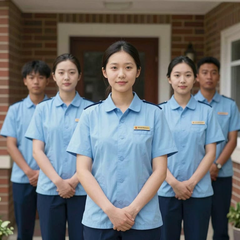 A professional team member in a crisp light blue uniform standing in a refreshed residential entryway in Essex.