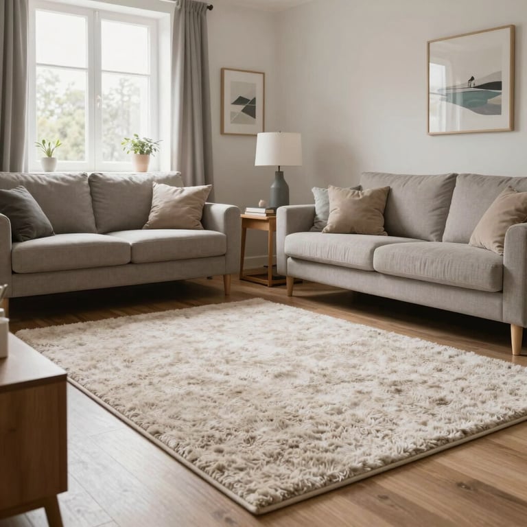 An impeccably tidy Northern European living room with plush, vacuumed carpets and organized furniture in soft light.