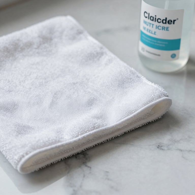 Macro shot of a high-end microfiber cleaning cloth and professional sanitizer bottle on a light gray marble countertop.