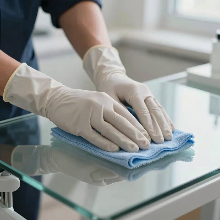Detailed photography of a professional's hands in cleaning gloves meticulously wiping a glass surface in a bright room.