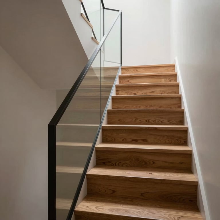 A shot of a modern residential stairwell with custom wood treads and a minimalist metal railing, reflecting modern elegance.