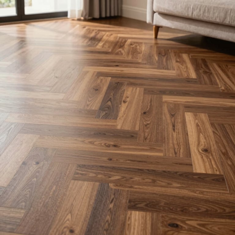 Professional photography of a completed walnut wood floor in a herringbone pattern in a bright North American living space.
