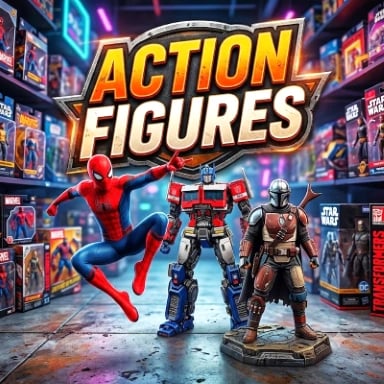 Action Figures collection card showing premium superhero toys, robot figures, and boxed collector items on shelves