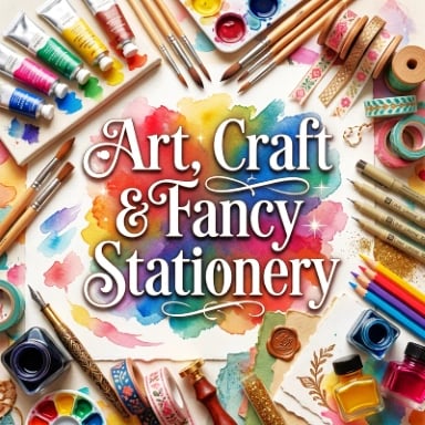 Art, Craft & Fancy Stationery banner with watercolor paint tubes, paintbrushes, colored pencils, and ink bottles