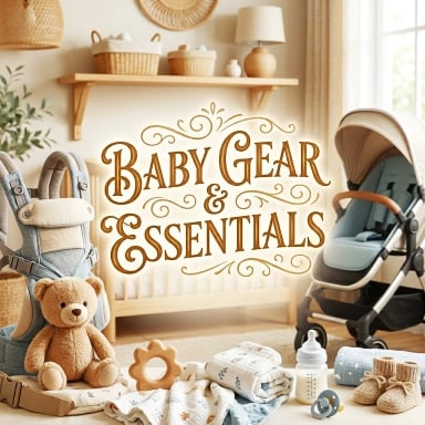 Baby Gear and Essentials category banner with a stroller, high chair, car seat, and baby carrier