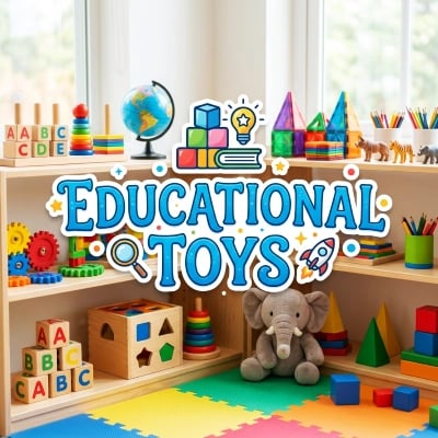Educational Toys & STEM banner with wooden ABC blocks, a toy abacus, a stacking ring, gears, and a learning robot