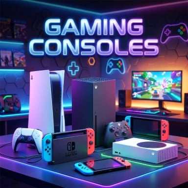 Gaming Consoles collection card showing modern video game systems, handheld consoles, and a neon setup desk