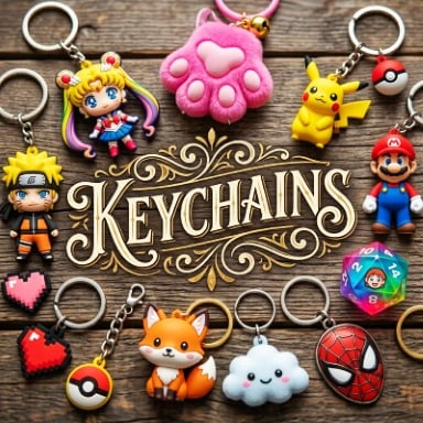 Keychains category banner with leather key straps, metal keyrings, a bottle opener, and a cute fox charm