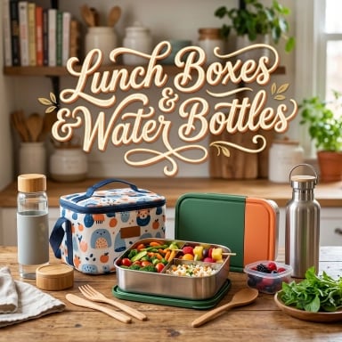 Lunch Boxes & Water Bottles banner with a kids lunch box, reusable water bottles, and an insulated food jar